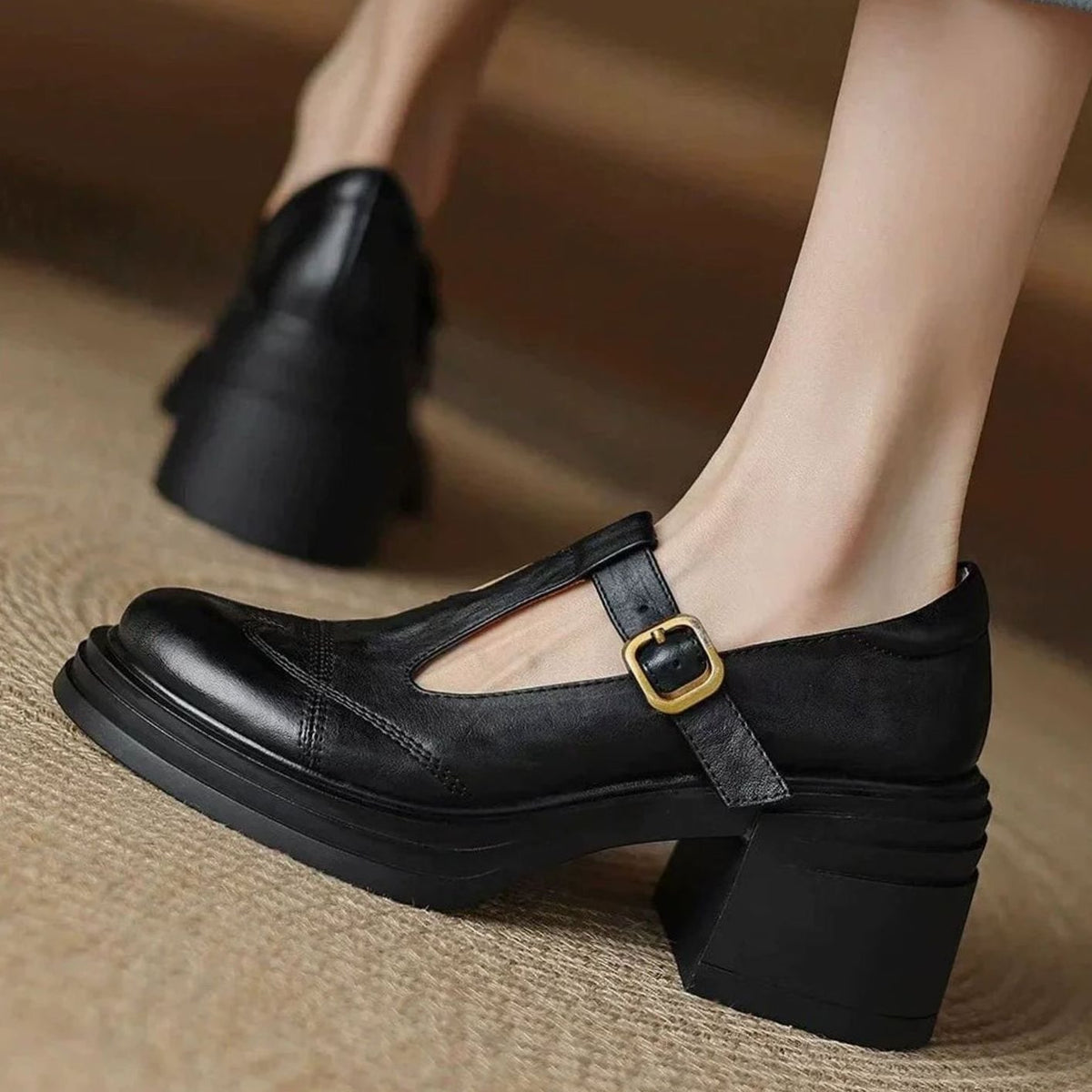 Women's Leather Block-Heel T-Strap Mary Jane Shoes - Black