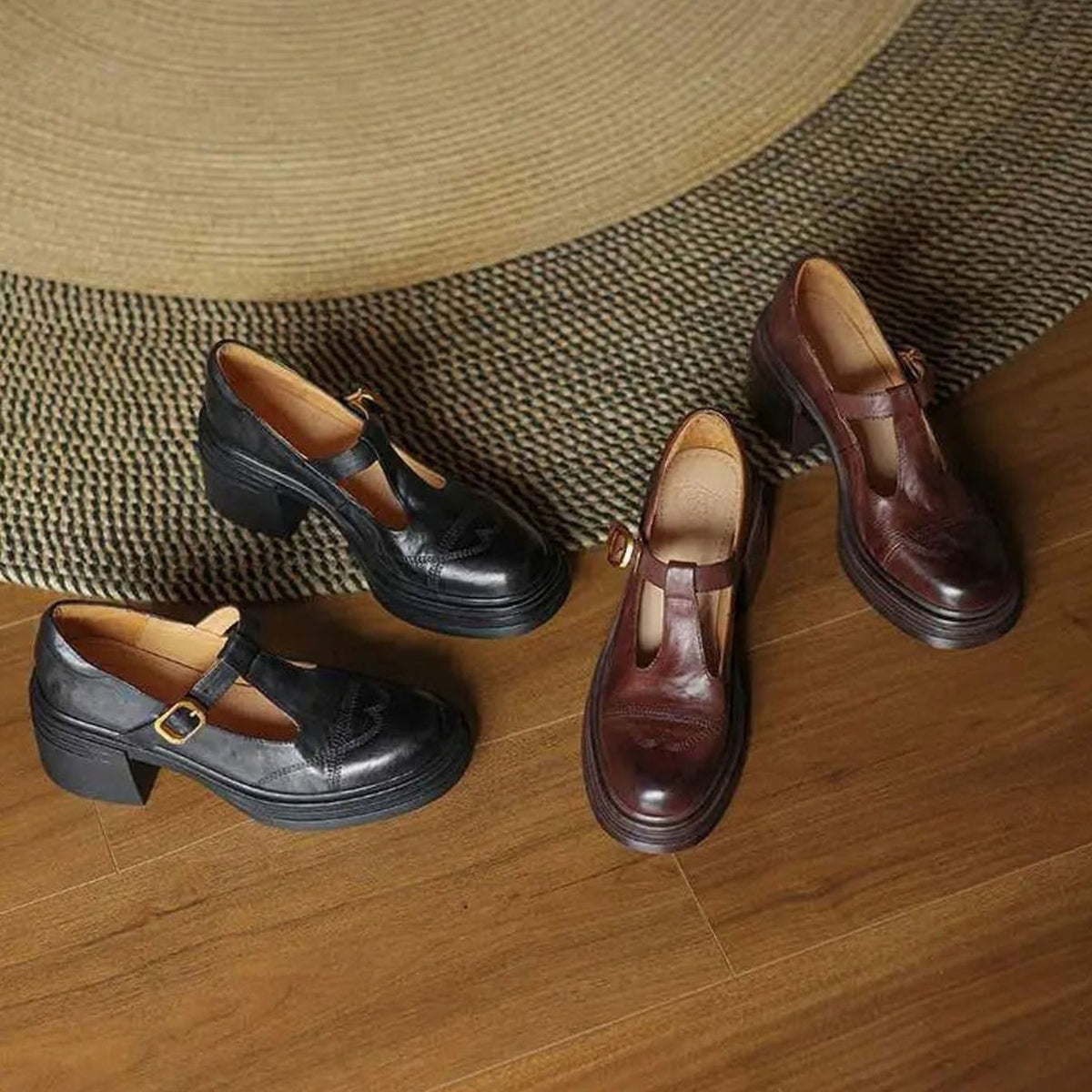 Women's Leather Block-Heel T-Strap Mary Jane Shoes