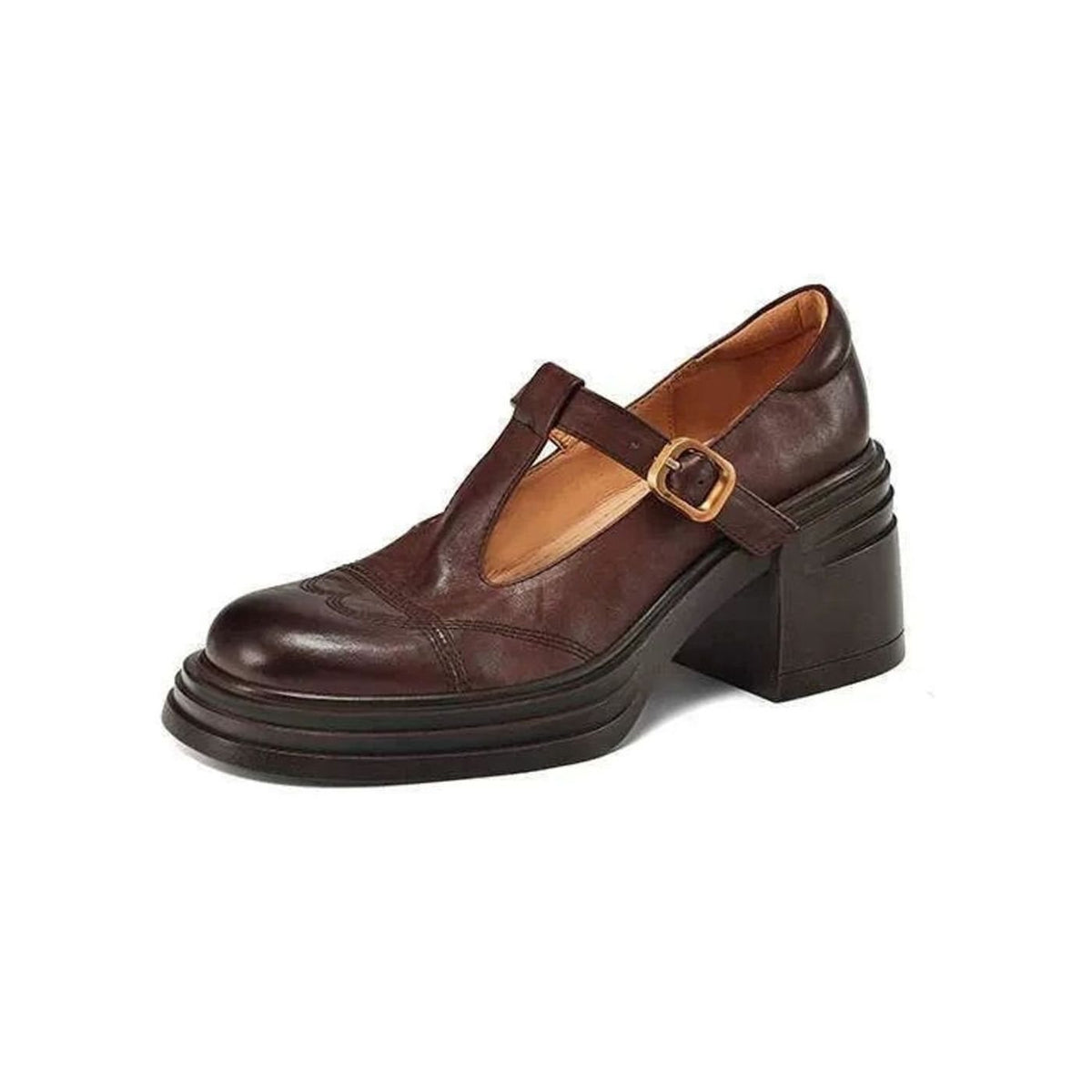 Women's Leather Block-Heel T-Strap Mary Jane Shoes
