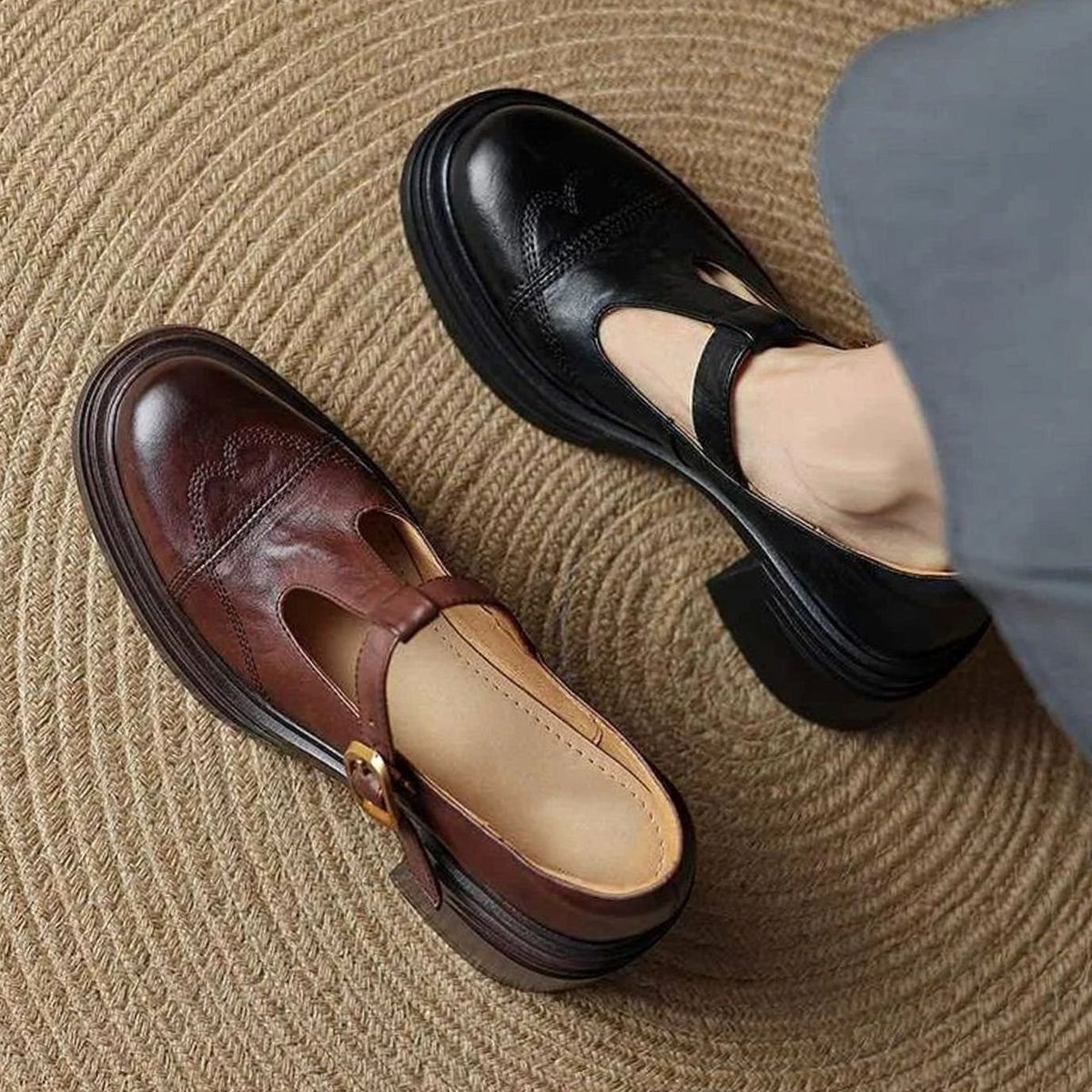 Women's Leather Block-Heel T-Strap Mary Jane Shoes