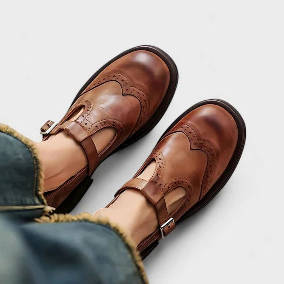 Women's Leather Brogue T-Strap Classic Boots