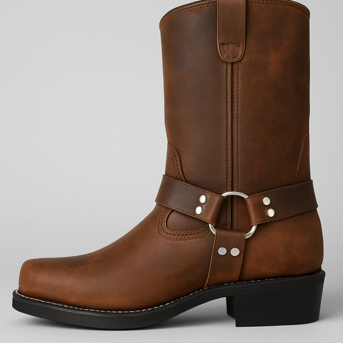 Women's Leather Harness-Strap Square-Toe Cowboy Boots - Yellow Brown