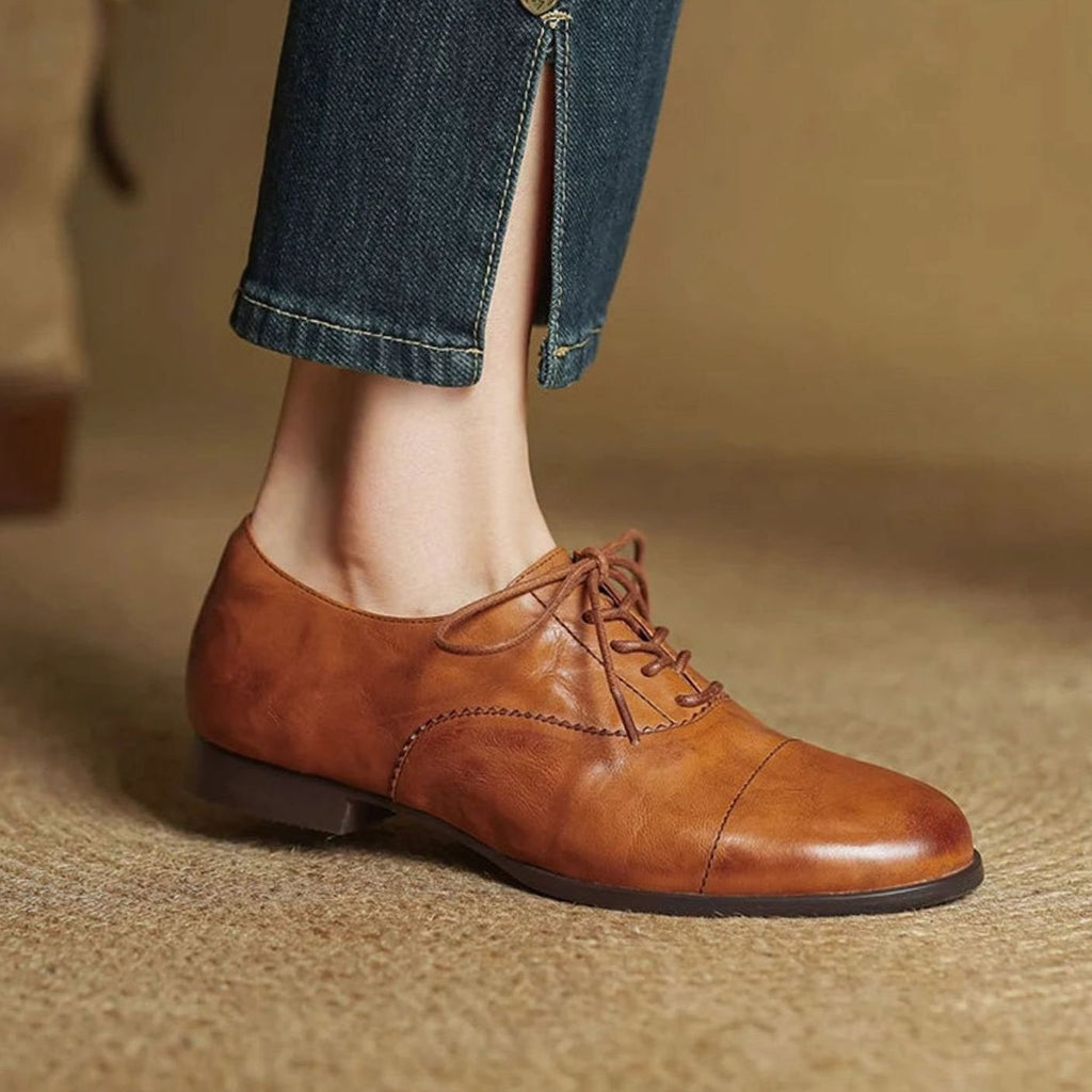 Women's Leather Lace-Up Cap Toe Oxford Flat Shoes - Caramel