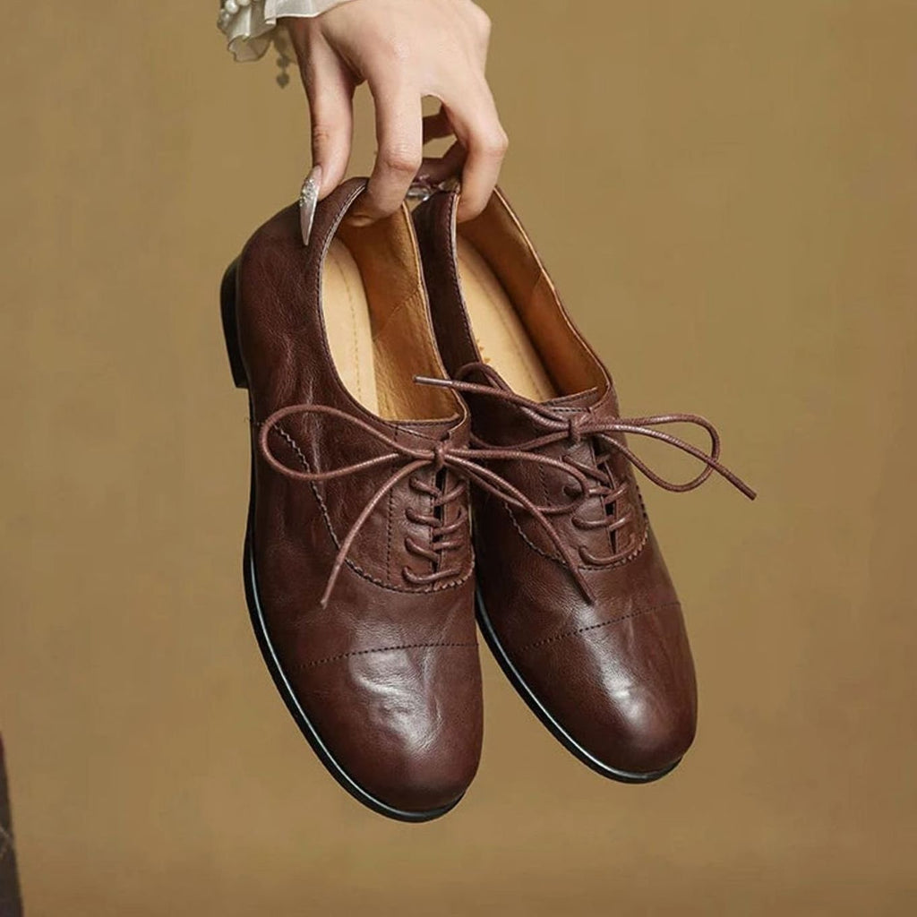 Women's Leather Lace-Up Cap Toe Oxford Flat Shoes