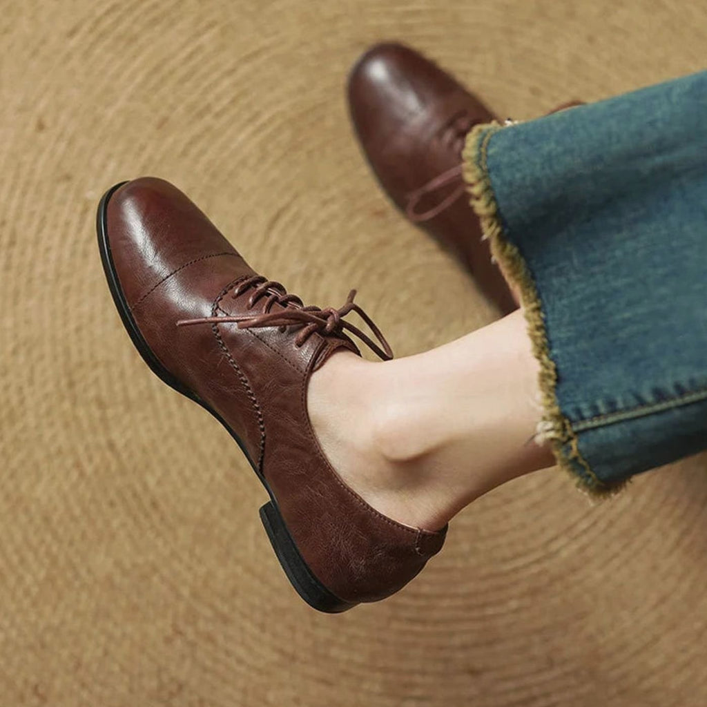 Women's Leather Lace-Up Cap Toe Oxford Flat Shoes