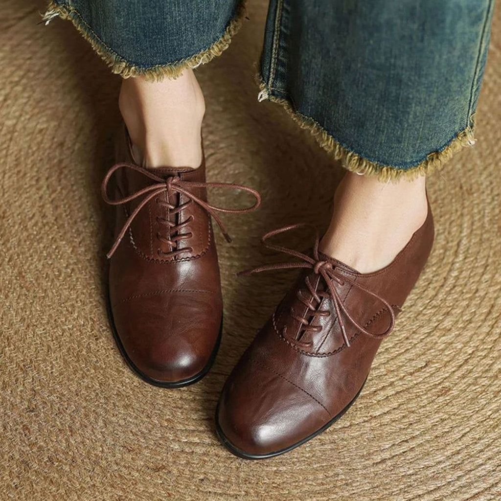 Women's Leather Lace-Up Cap Toe Oxford Flat Shoes