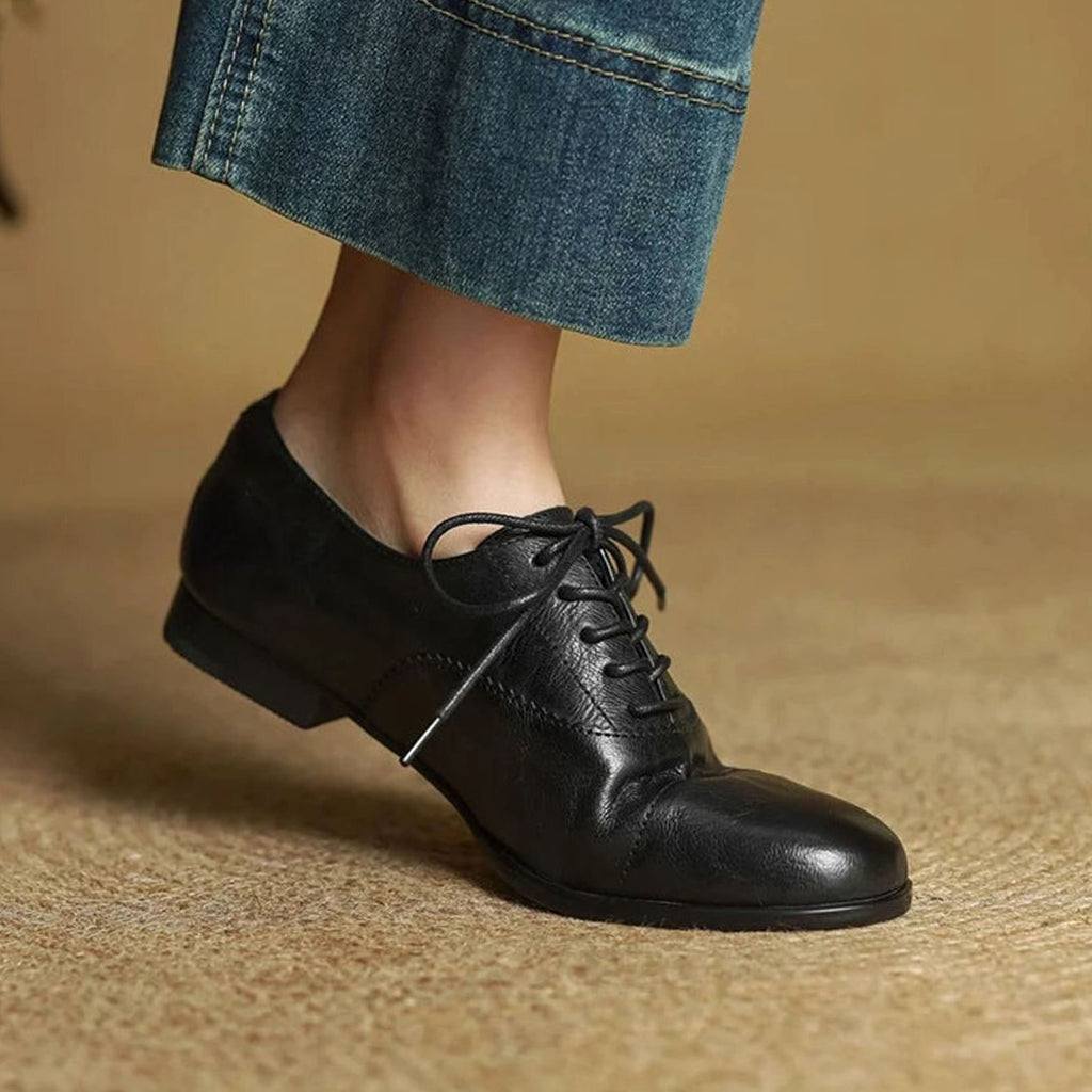Women's Leather Lace-Up Cap Toe Oxford Flat Shoes - Black