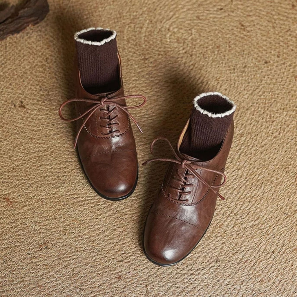 Women's Leather Lace-Up Cap Toe Oxford Flat Shoes