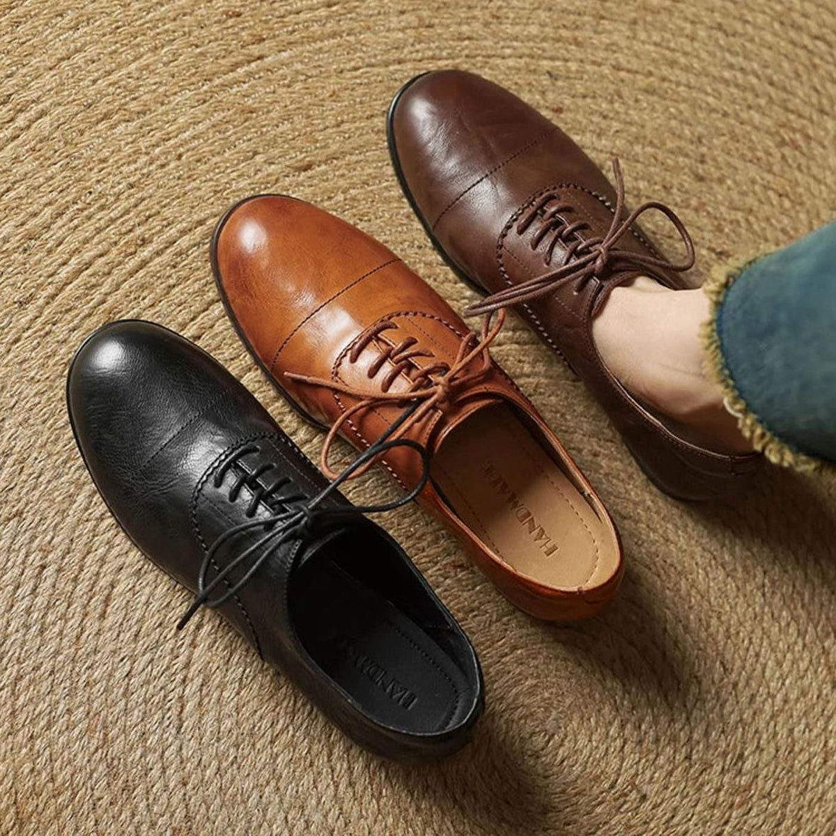 Women's Leather Lace-Up Cap Toe Oxford Flat Shoes