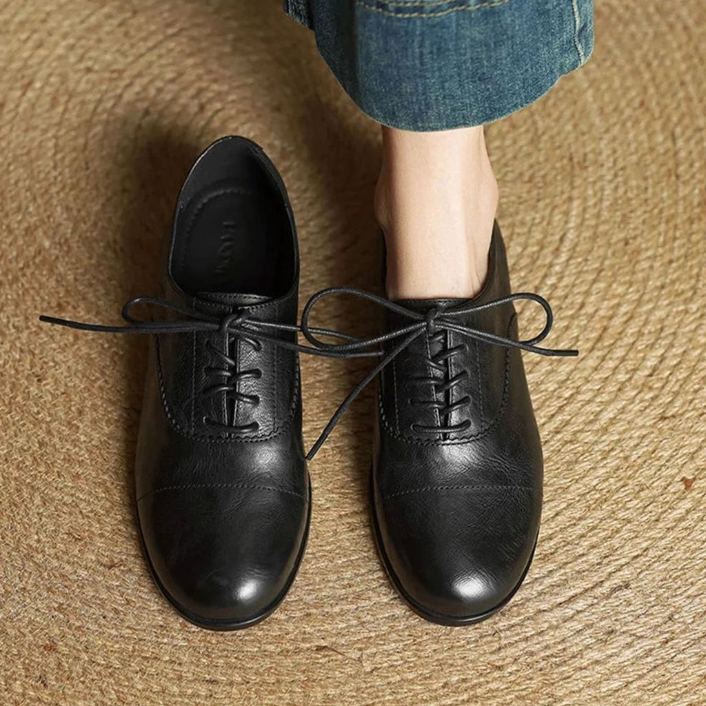 Women's Leather Lace-Up Cap Toe Oxford Flat Shoes