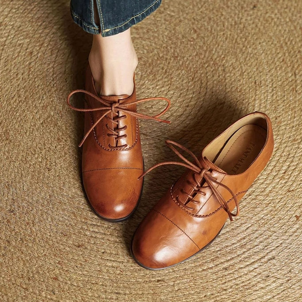 Women's Leather Lace-Up Cap Toe Oxford Flat Shoes