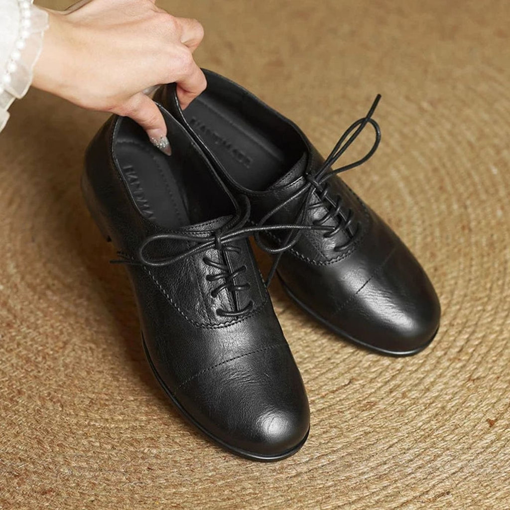 Women's Leather Lace-Up Cap Toe Oxford Flat Shoes