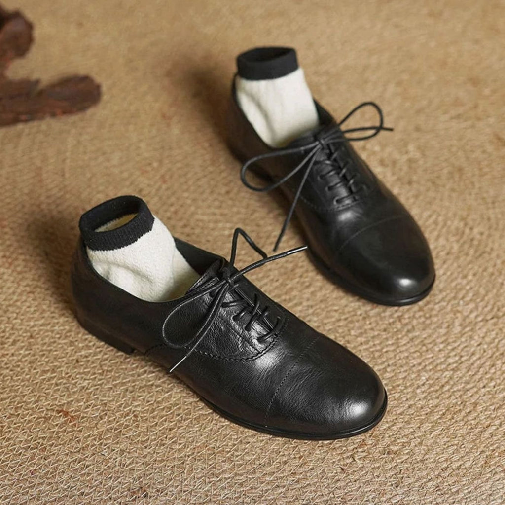 Women's Leather Lace-Up Cap Toe Oxford Flat Shoes