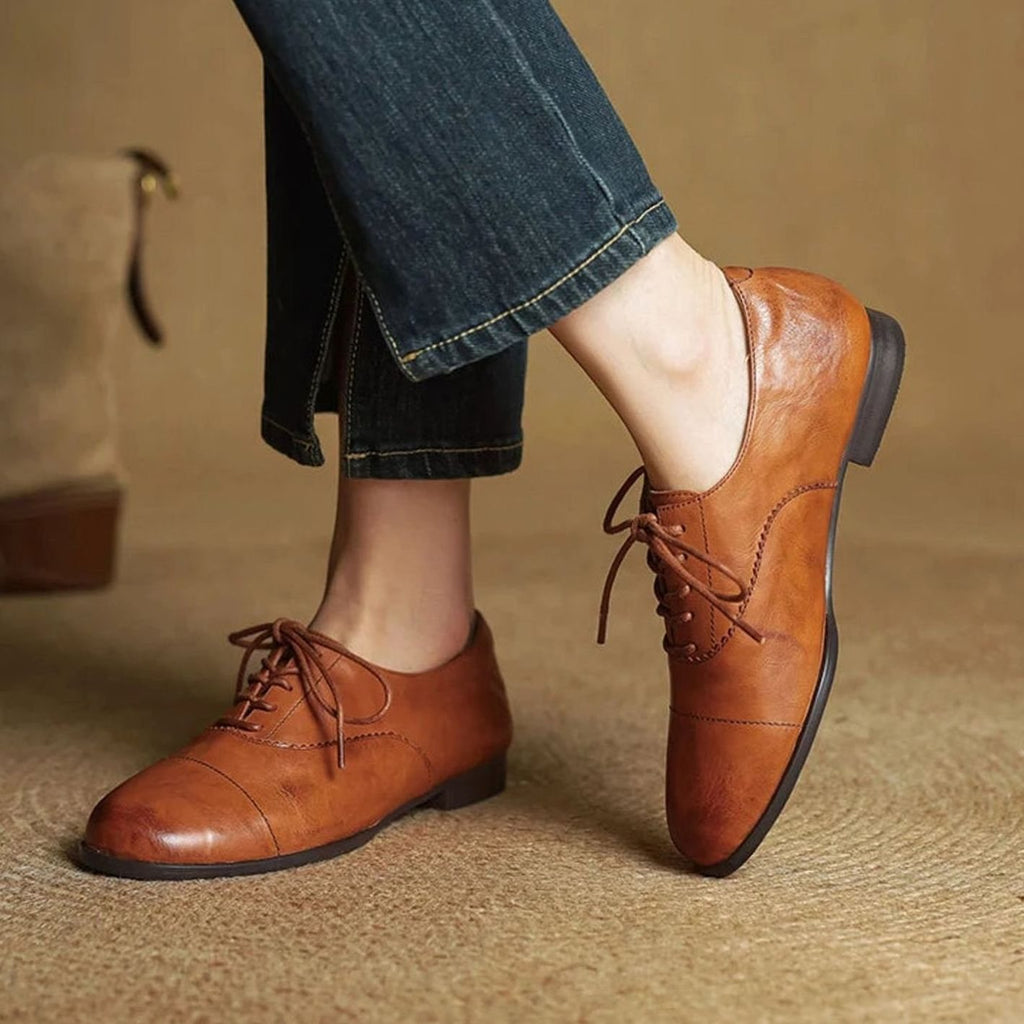 Women's Leather Lace-Up Cap Toe Oxford Flat Shoes