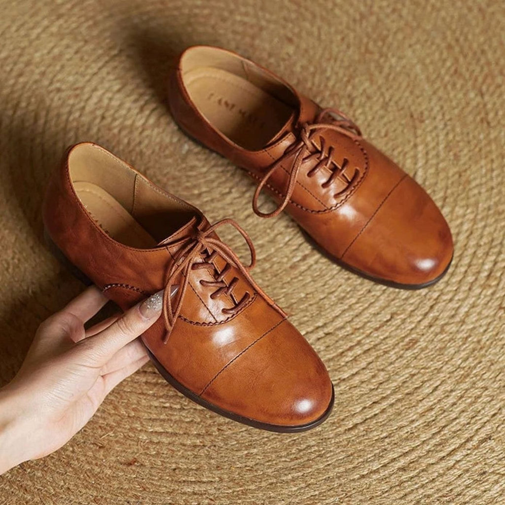 Women's Leather Lace-Up Cap Toe Oxford Flat Shoes
