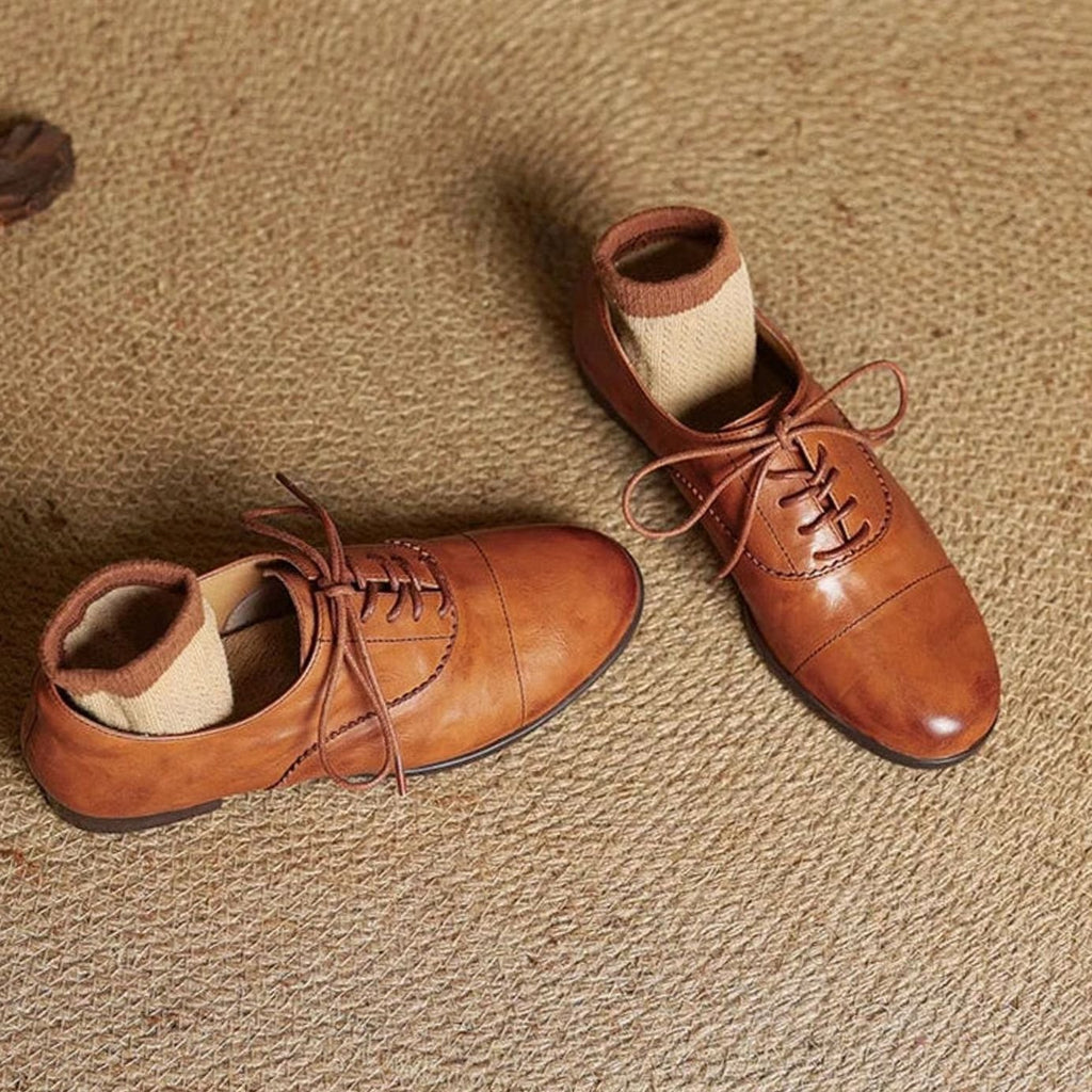 Women's Leather Lace-Up Cap Toe Oxford Flat Shoes