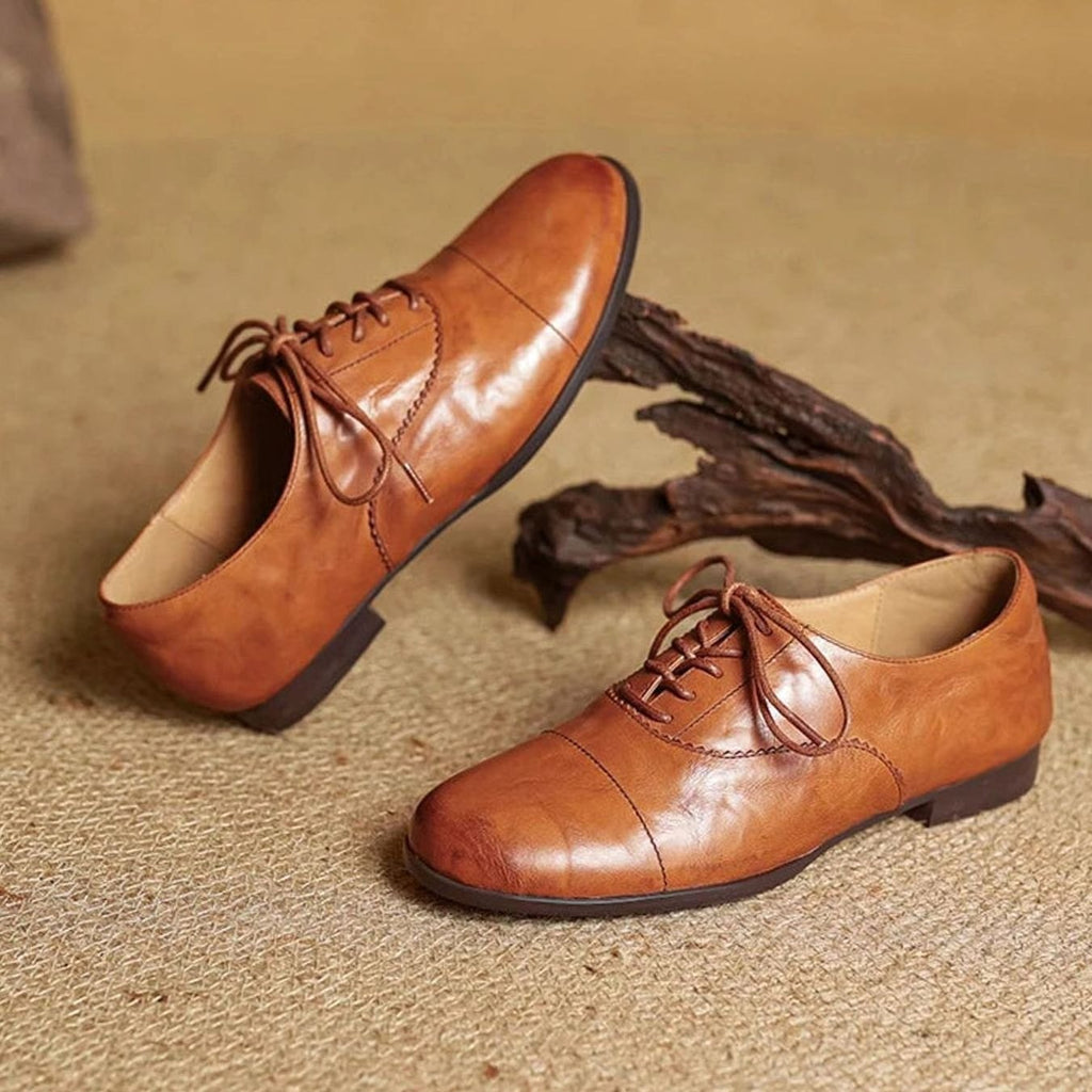 Women's Leather Lace-Up Cap Toe Oxford Flat Shoes