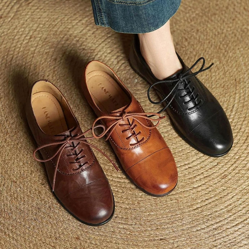 Women's Leather Lace-Up Cap Toe Oxford Flat Shoes - Brown