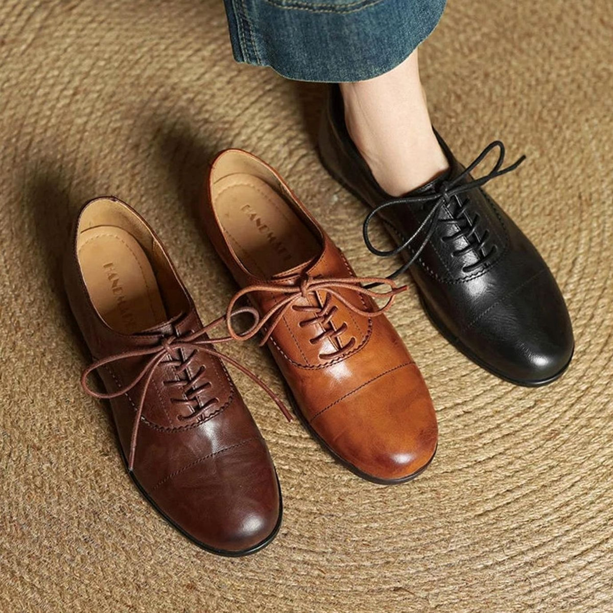 Women's Leather Lace-Up Cap Toe Oxford Flat Shoes - Brown