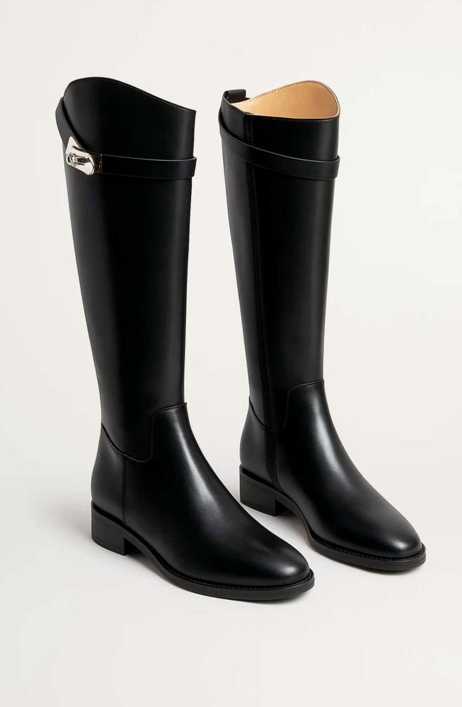 Women's Leather-Look Buckle-Strap Knee High Boots - Black