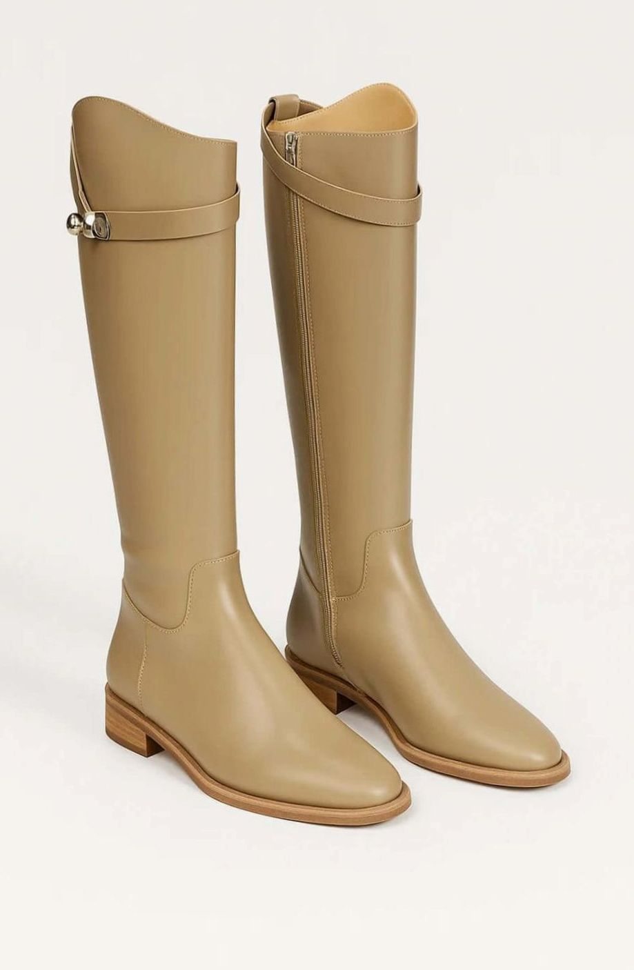 Women's Leather-Look Buckle-Strap Knee High Boots - Beige