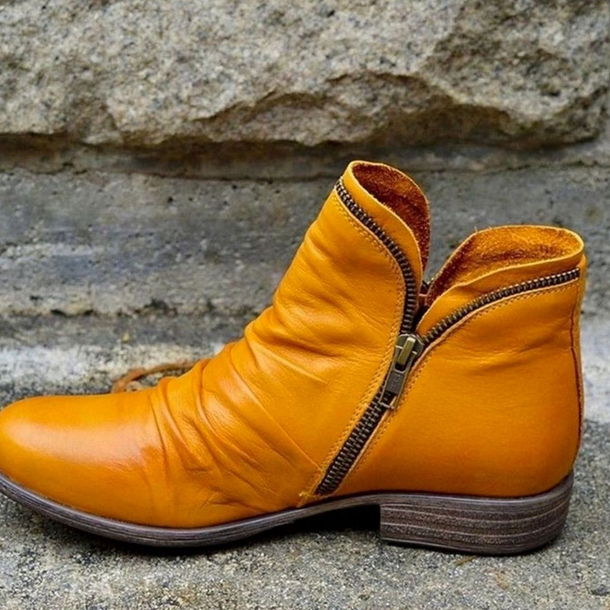 Women's Leather Side-Zip Slouchy Ankle Boots - Yellow