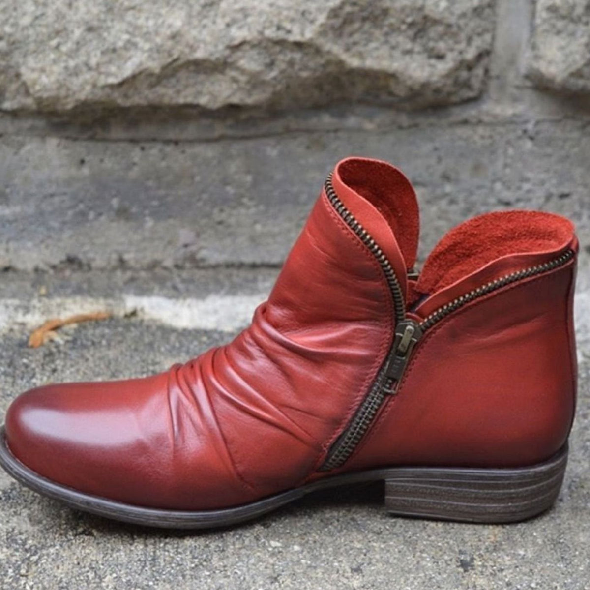 Women's Leather Side-Zip Slouchy Ankle Boots - Red
