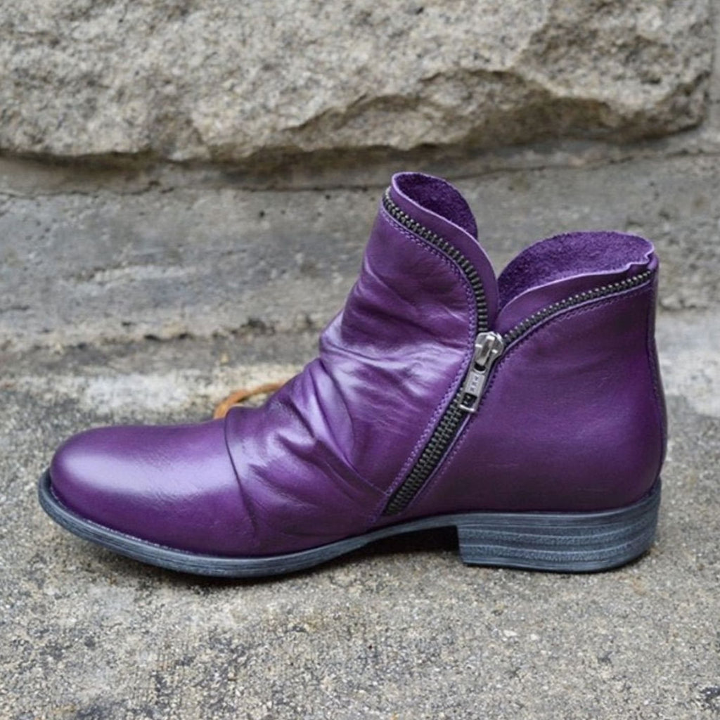 Women's Leather Side-Zip Slouchy Ankle Boots - Purple