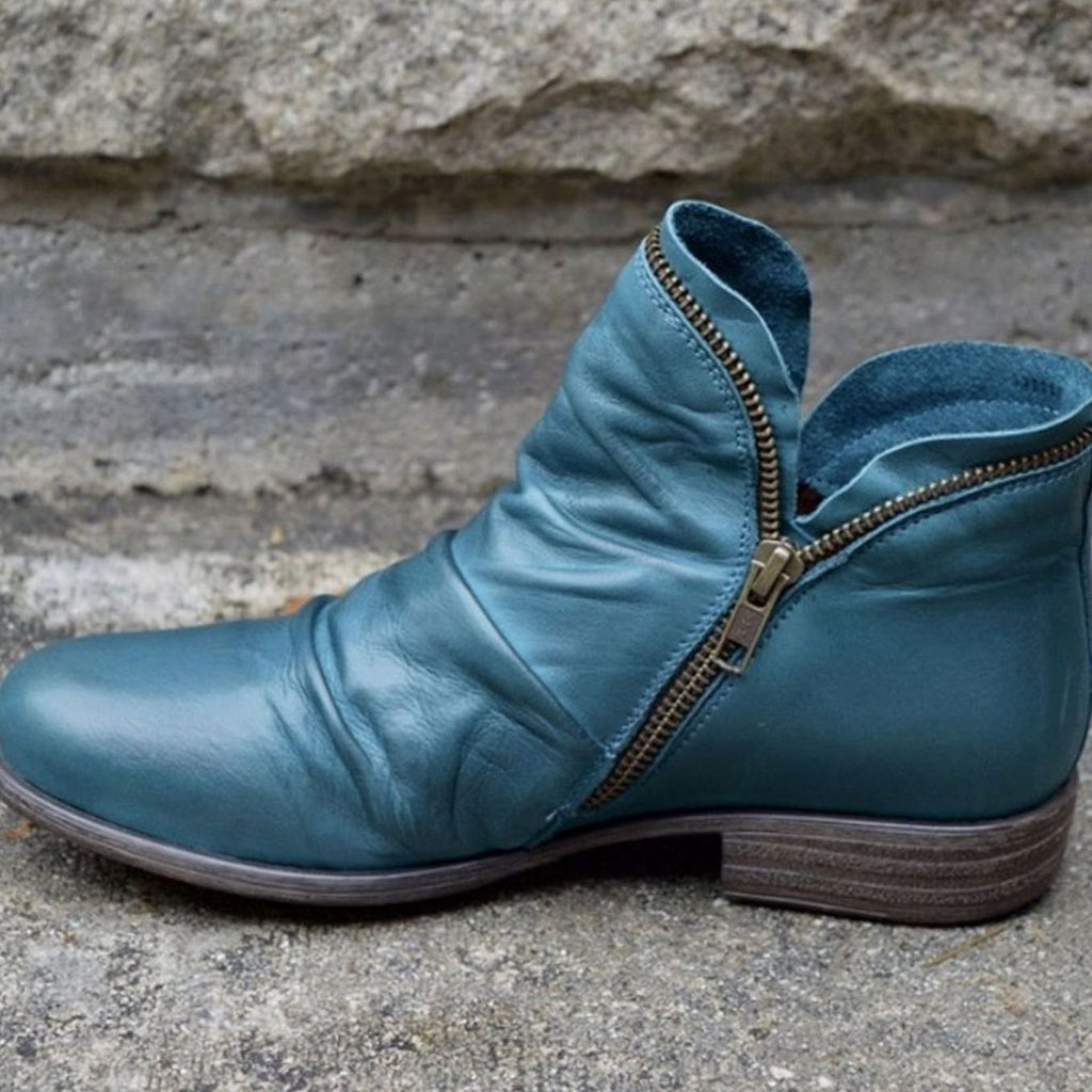 Women's Leather Side-Zip Slouchy Ankle Boots - Blue
