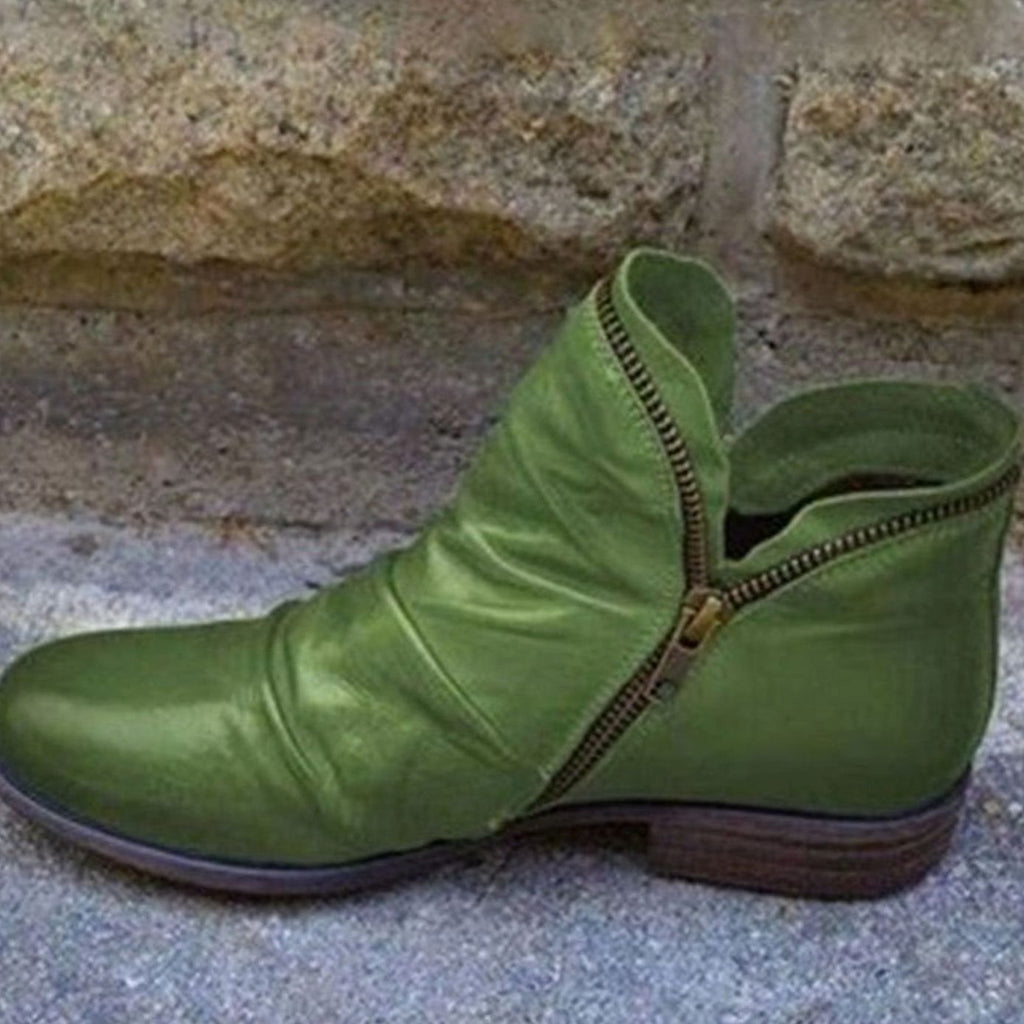 Women's Leather Side-Zip Slouchy Ankle Boots - Green