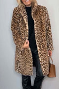 Women's Leopard Print Faux Fur Winter Coat - Khaki