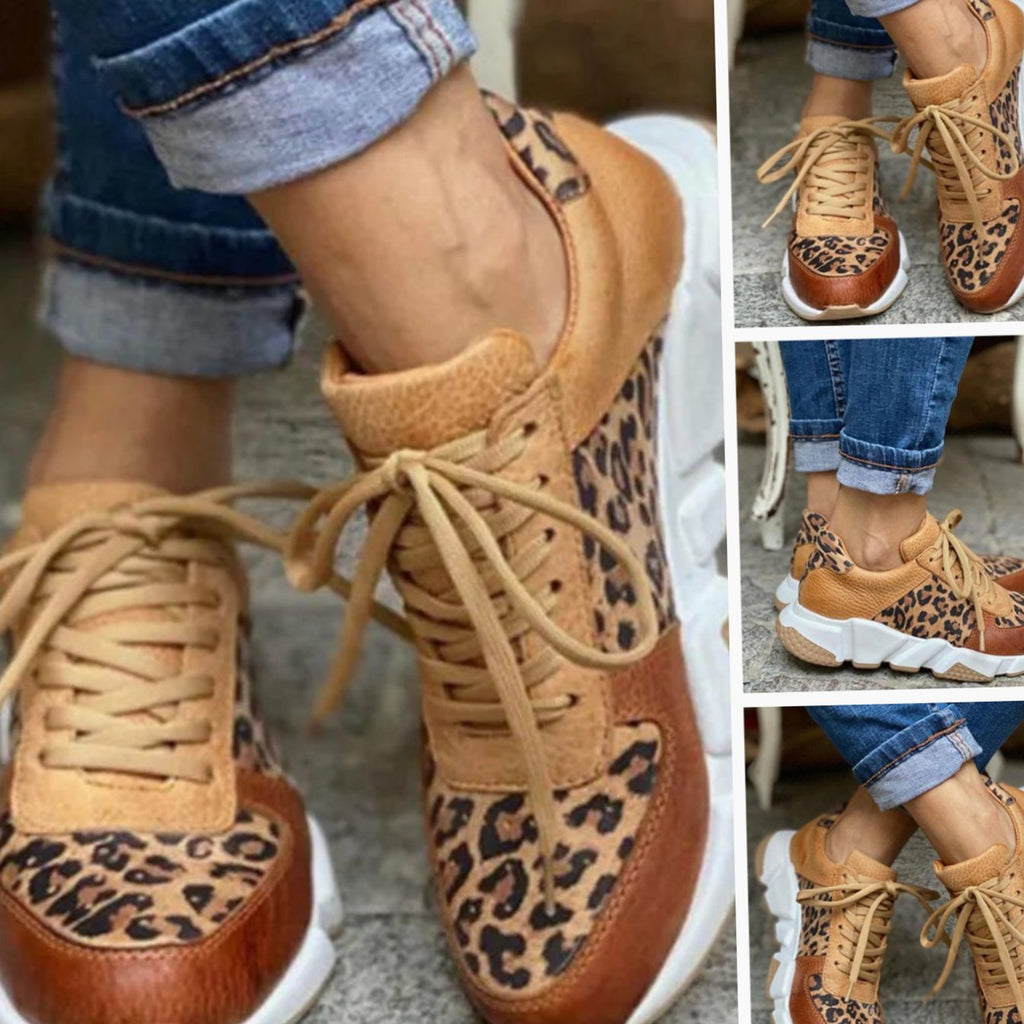 Women's Leopard Print Lace-Up Street Sneakers Cushioned Chunky Sole