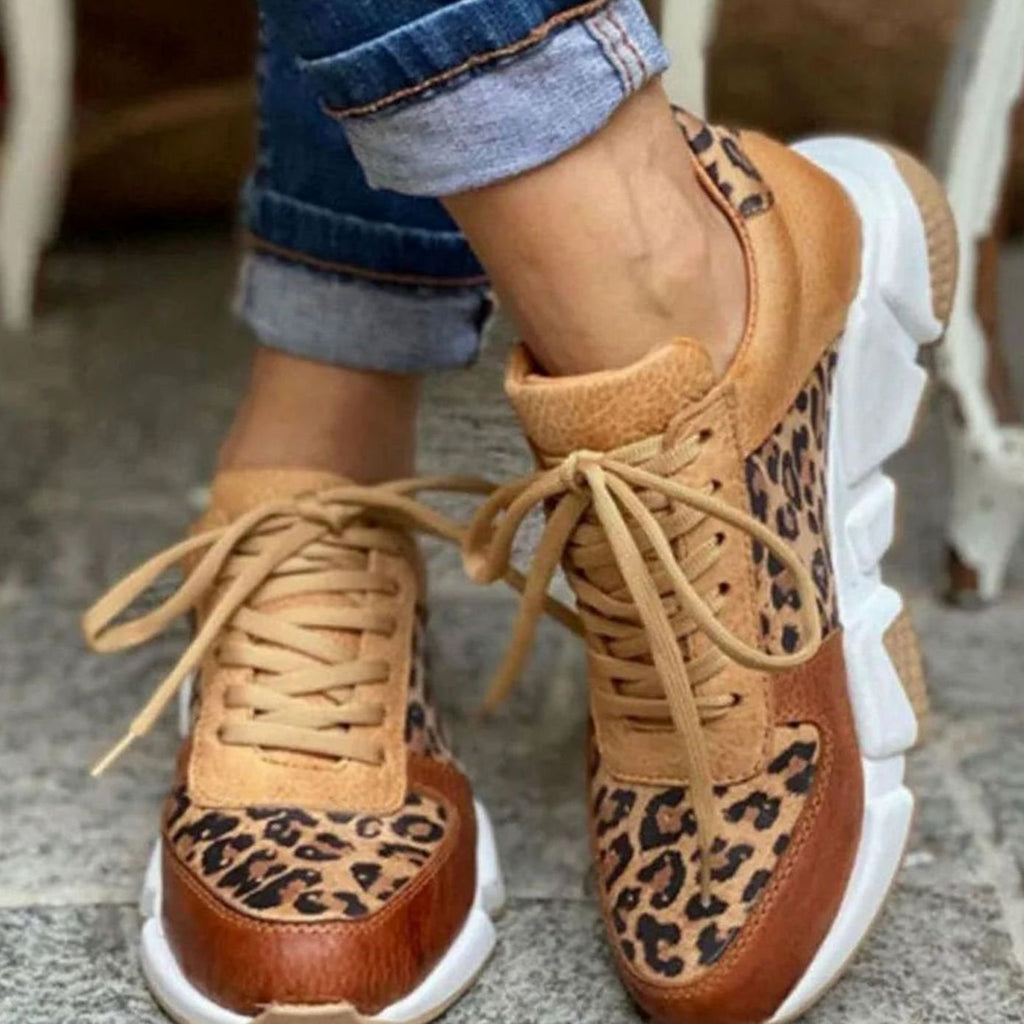 Women's Leopard Print Lace-Up Street Sneakers Cushioned Chunky Sole