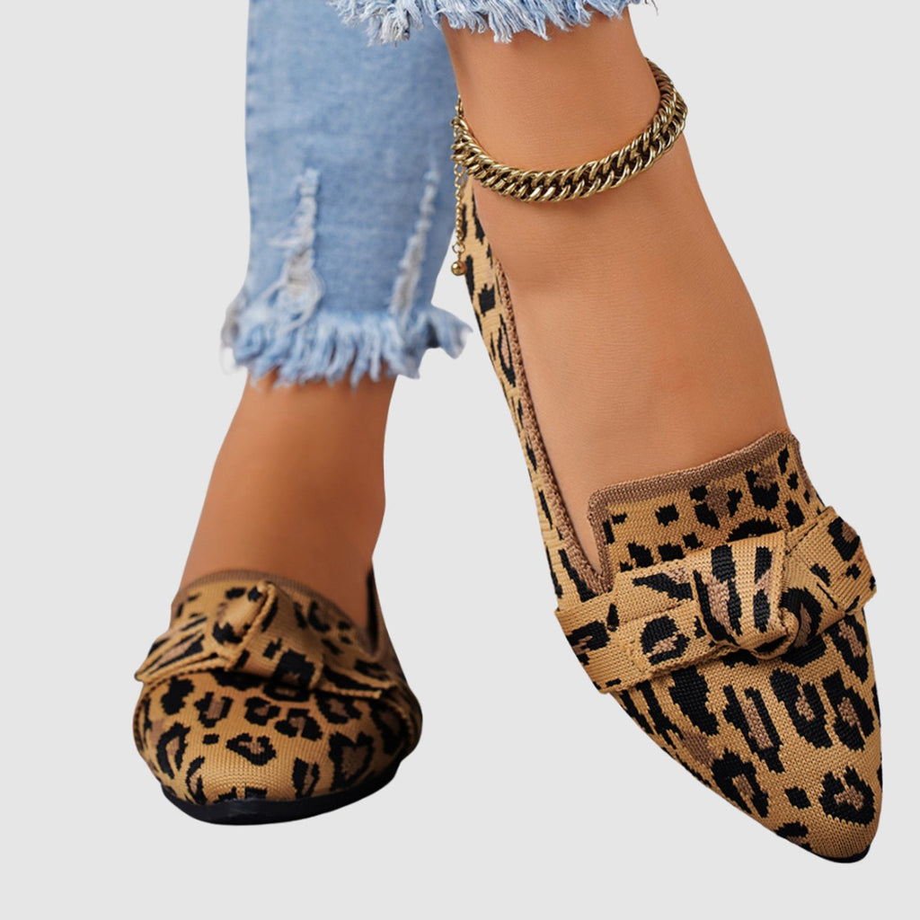 Women's Leopard Print Pointed-Toe Bow Slip-On Flat Loafers, Tan - Brown