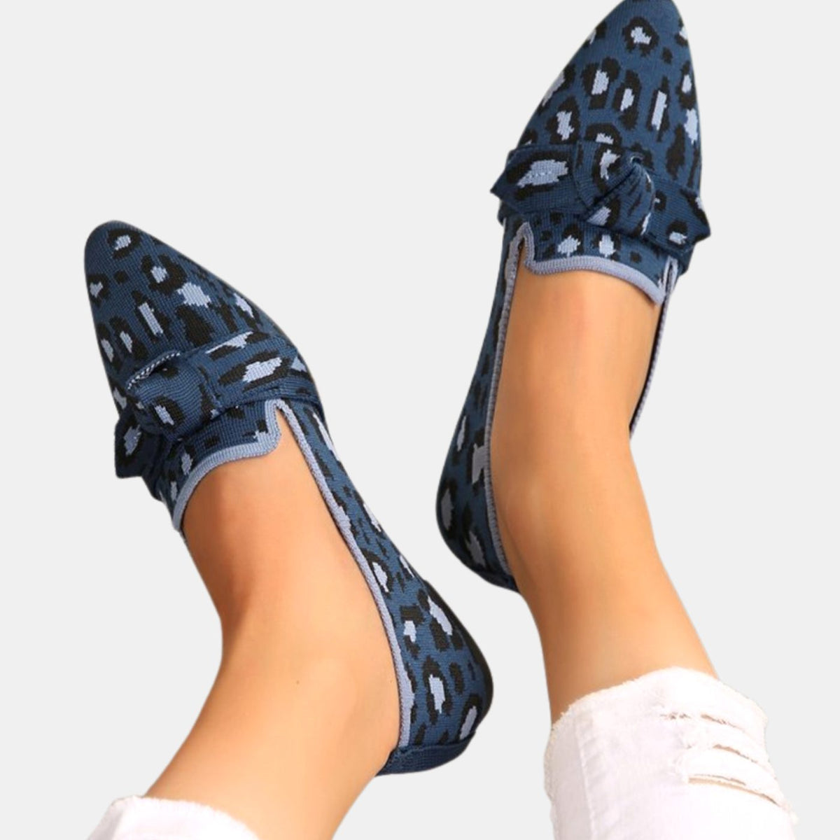 Women's Leopard Print Pointed-Toe Bow Slip-On Flat Loafers, Tan - Blue