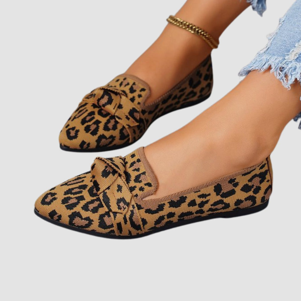 Women's Leopard Print Pointed-Toe Bow Slip-On Flat Loafers, Tan