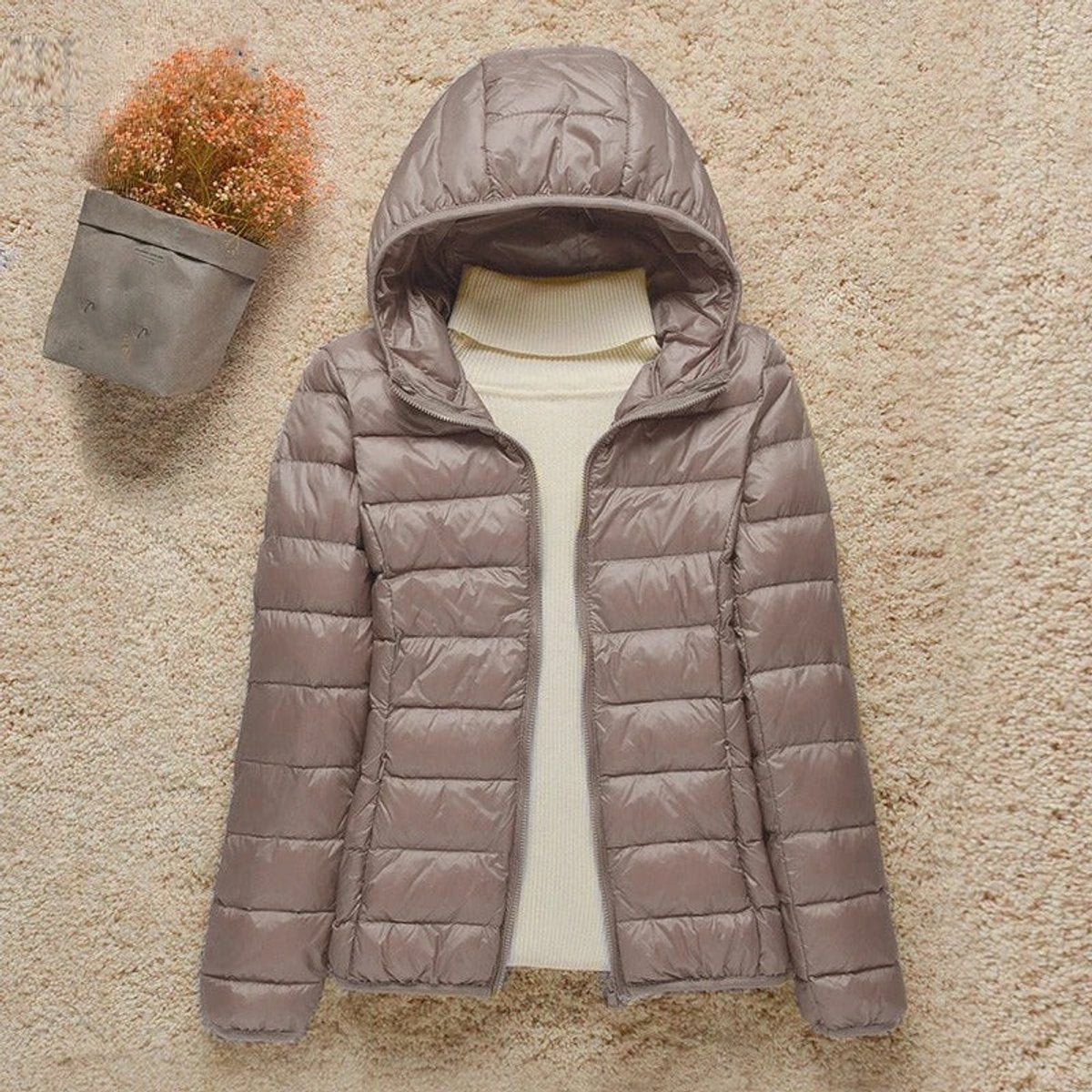 Women's Lightweight Hooded Quilted Jacket Puffer Zip-Up - Taupe