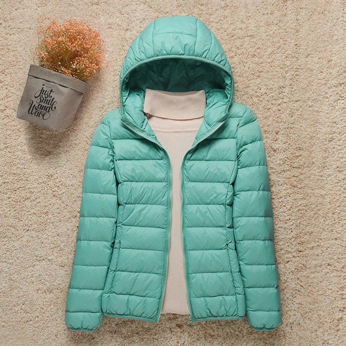 Women's Lightweight Hooded Quilted Jacket Puffer Zip-Up - Turquoise