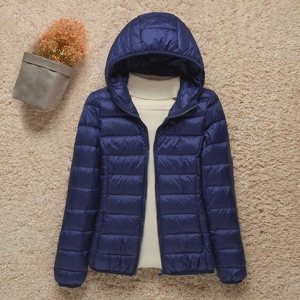 Women's Lightweight Hooded Quilted Jacket Puffer Zip-Up - Navy Blue