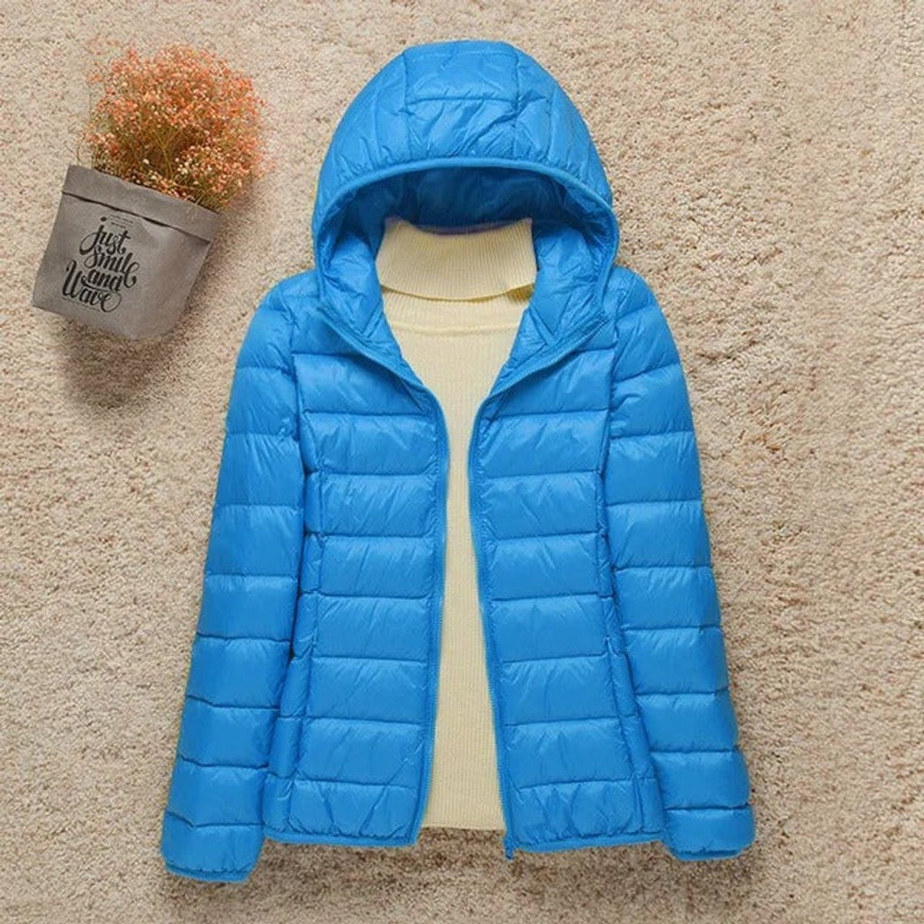 Women's Lightweight Hooded Quilted Jacket Puffer Zip-Up - Light Blue