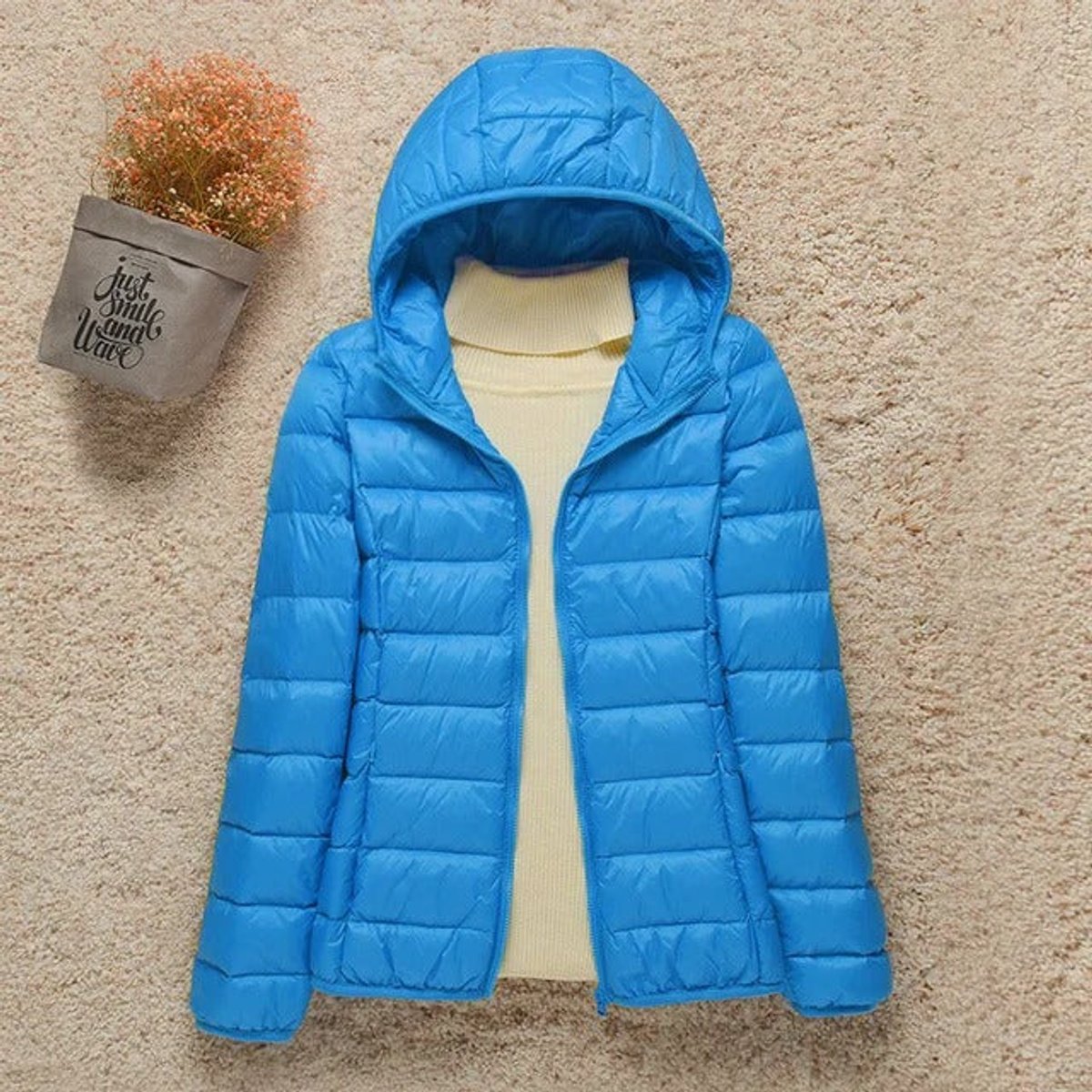 Women's Lightweight Hooded Quilted Jacket Puffer Zip-Up - Light Blue