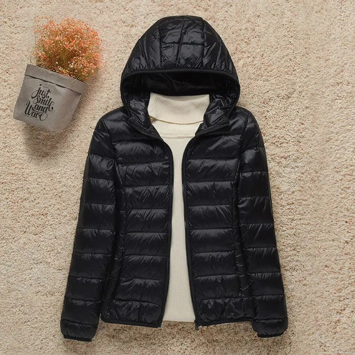 Women's Lightweight Hooded Quilted Jacket Puffer Zip-Up - Black