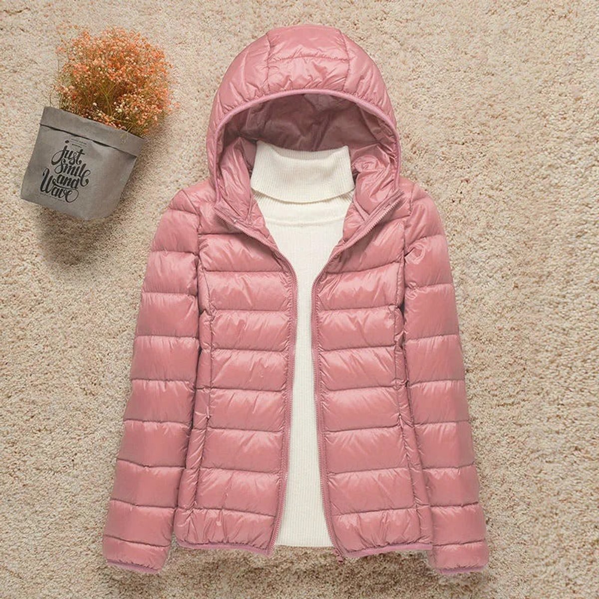 Women's Lightweight Hooded Quilted Jacket Puffer Zip-Up - Pink