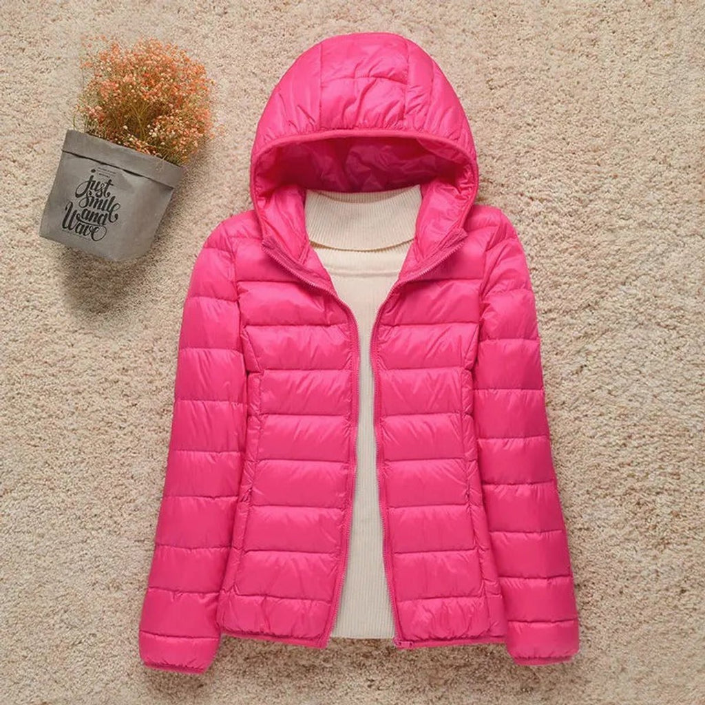 Women's Lightweight Hooded Quilted Jacket Puffer Zip-Up - Fuchsia