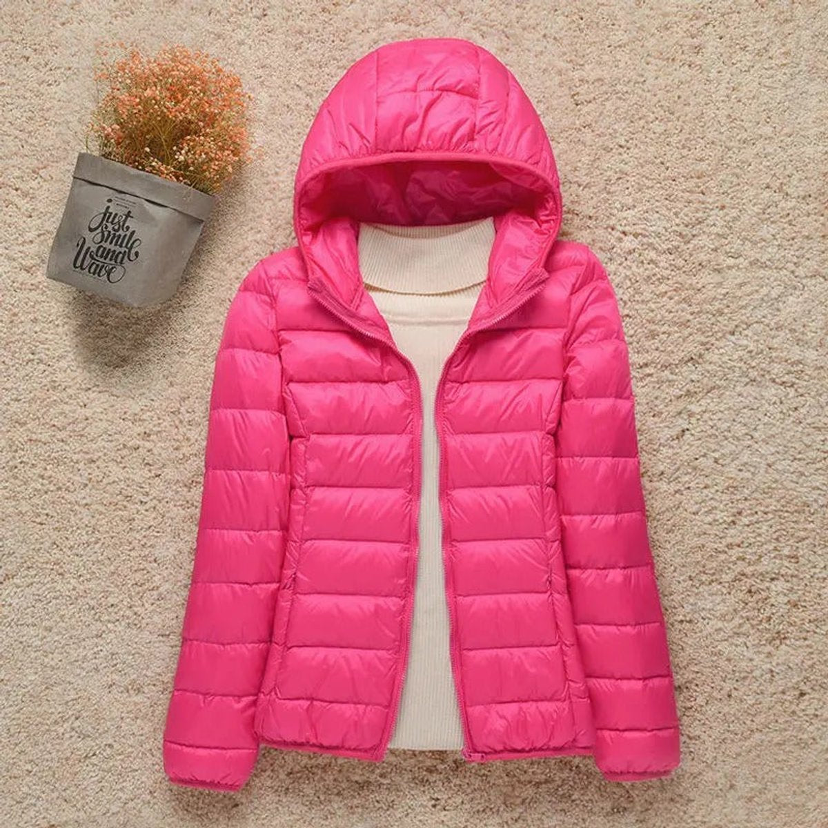 Women's Lightweight Hooded Quilted Jacket Puffer Zip-Up - Fuchsia