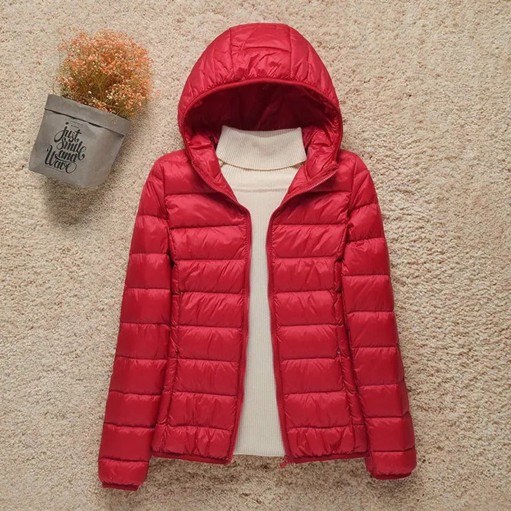 Women's Lightweight Hooded Quilted Jacket Puffer Zip-Up - Red