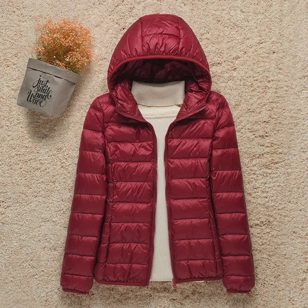 Women's Lightweight Hooded Quilted Jacket Puffer Zip-Up - Burgundy