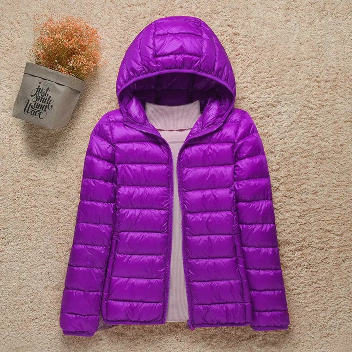 Women's Lightweight Hooded Quilted Jacket Puffer Zip-Up - Lilac