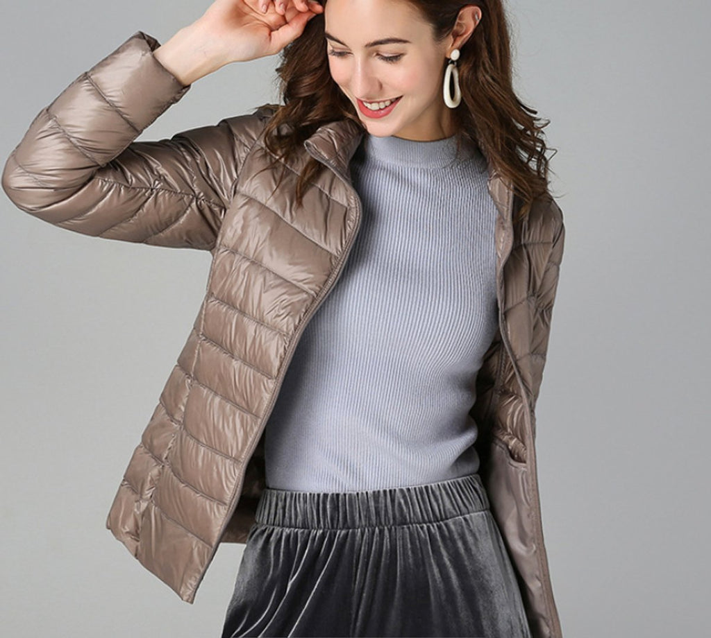Women's Lightweight Quilted Puffer Coat Stand Collar Zip-Up - Khaki