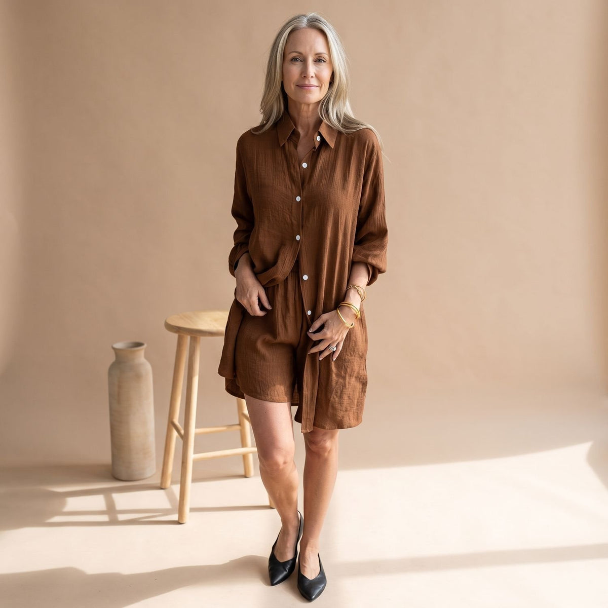 Women's Linen-Look Button-Down Shirt Short Two Piece Set - Brown